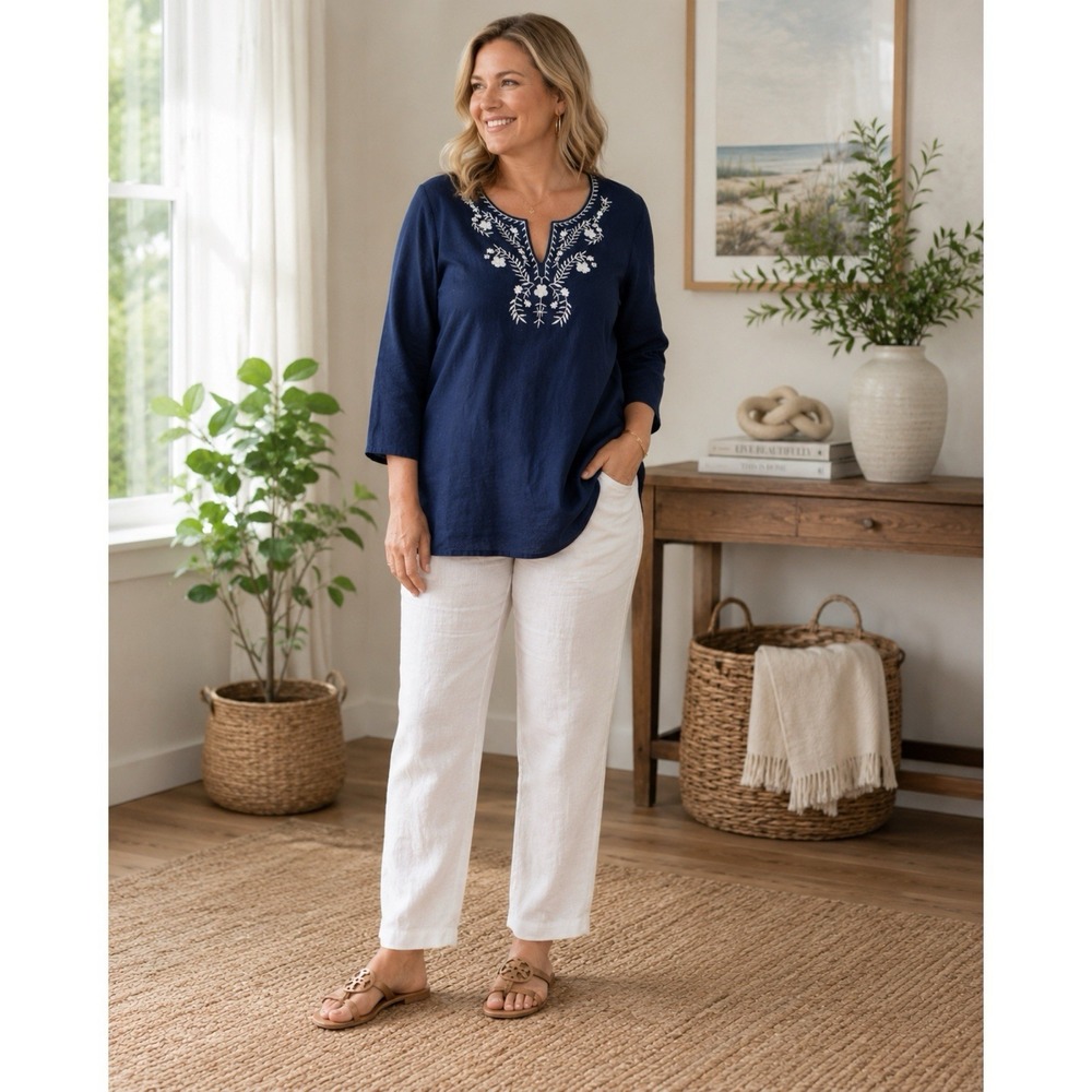 Marisa Christina Size 1X Navy 100% Linen Embroidered Tunic Blouse Boho Floral